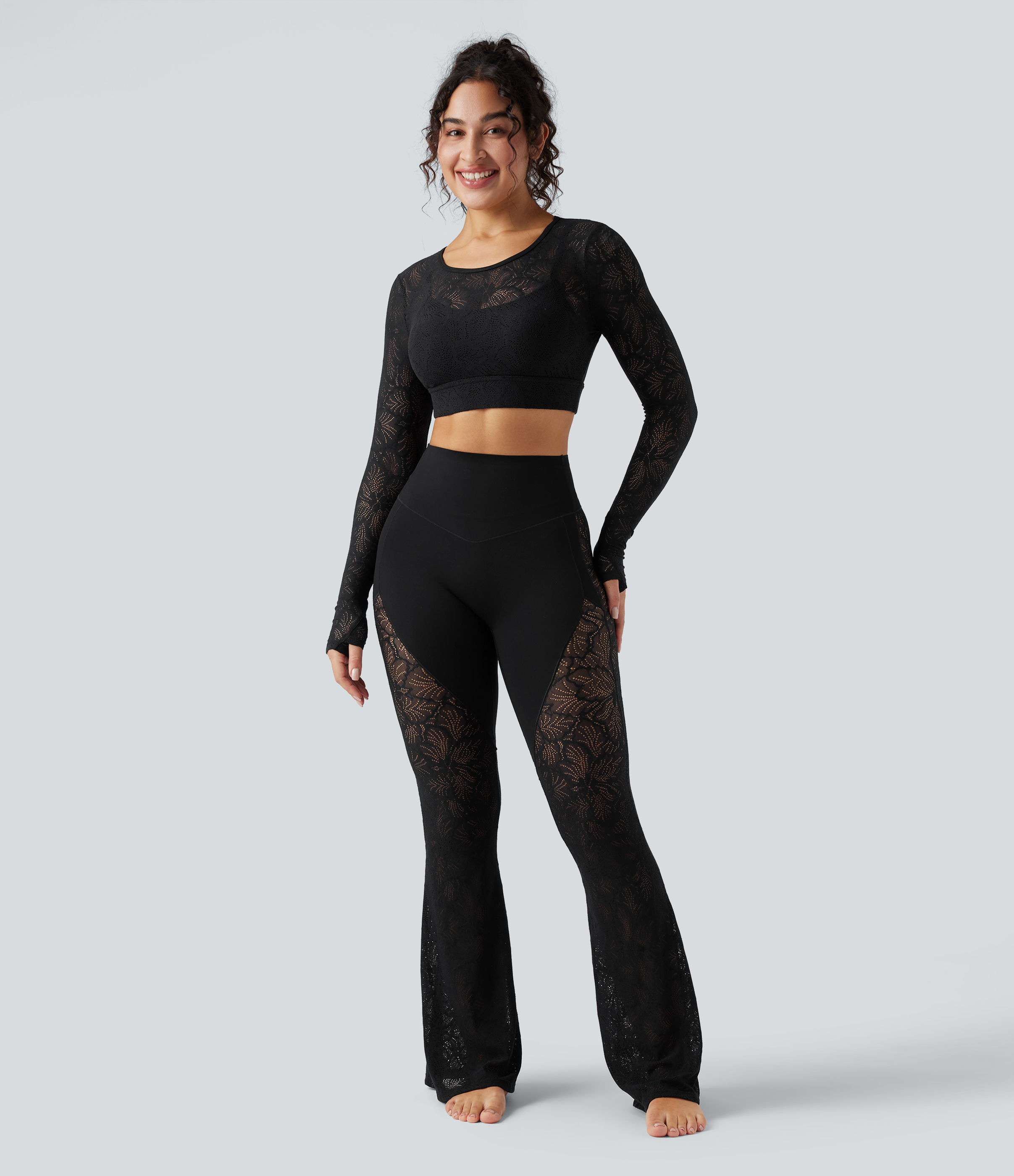 High Waisted Tummy Control Contrast Lace Yoga Flare Leggings with Pocket