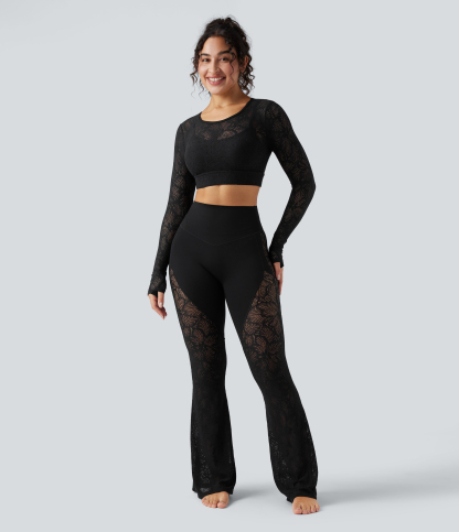 High Waisted Tummy Control Contrast Lace Yoga Flare Leggings with Pocket