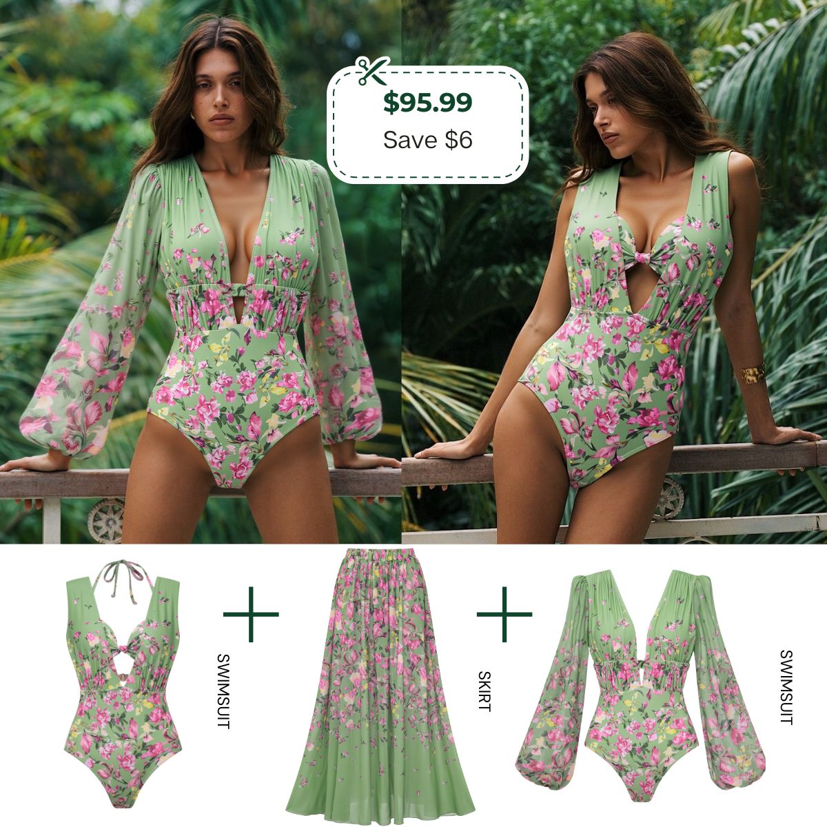 Floral Bikini & Plunging Ruched Swim Set