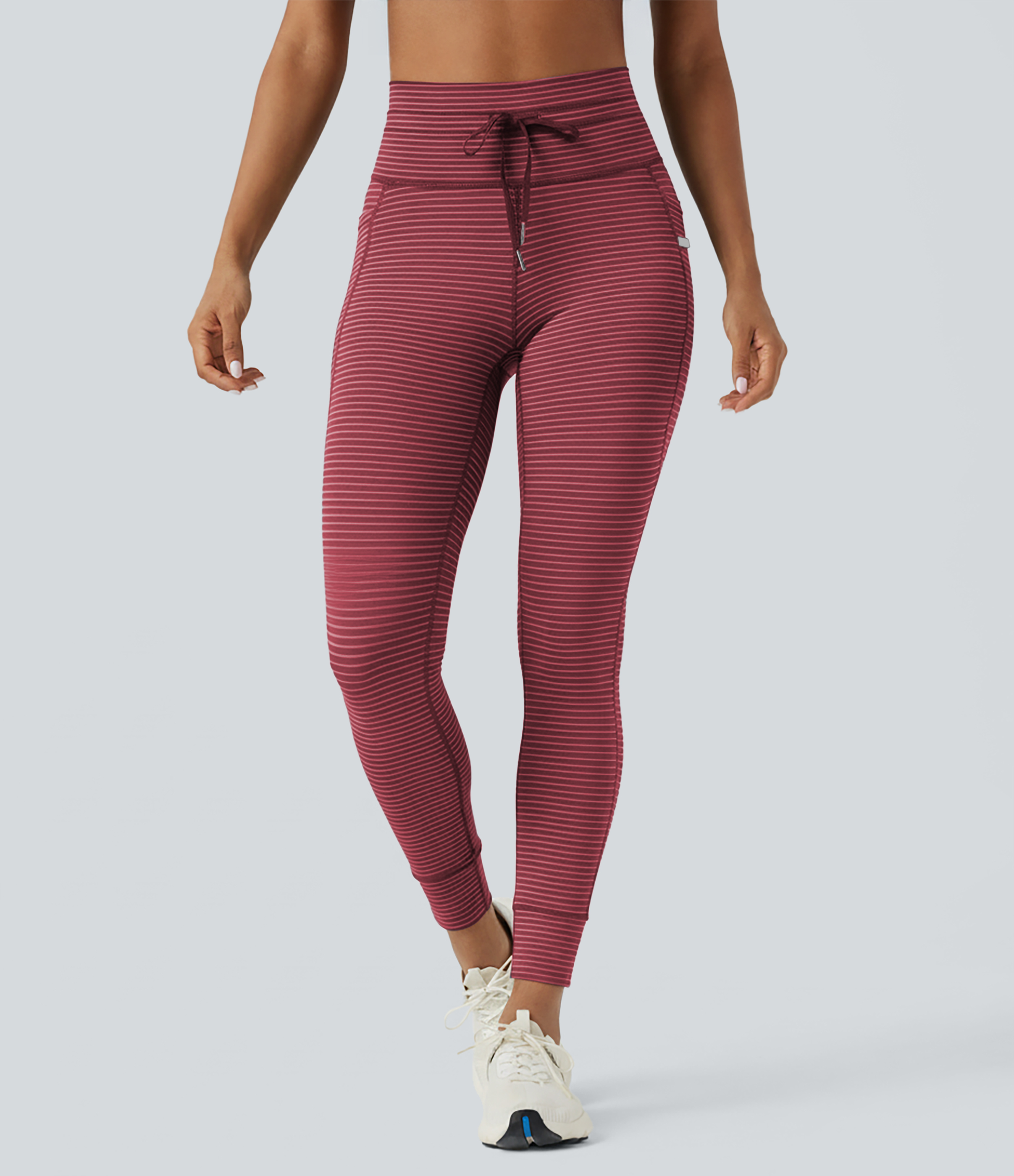 High Waisted Drawstring Striped Yoga Leggings with Pockets