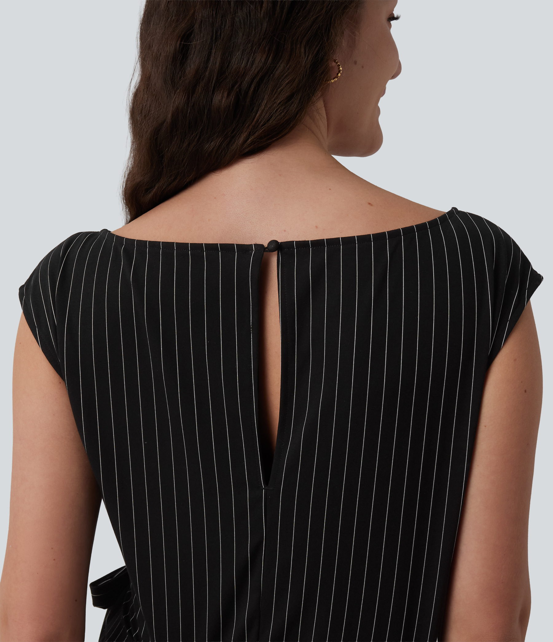 Boat Neck Sleeveless Tie Side Cool Touch Stripe Work Jumpsuit with Pockets-Easy Peezy Edition