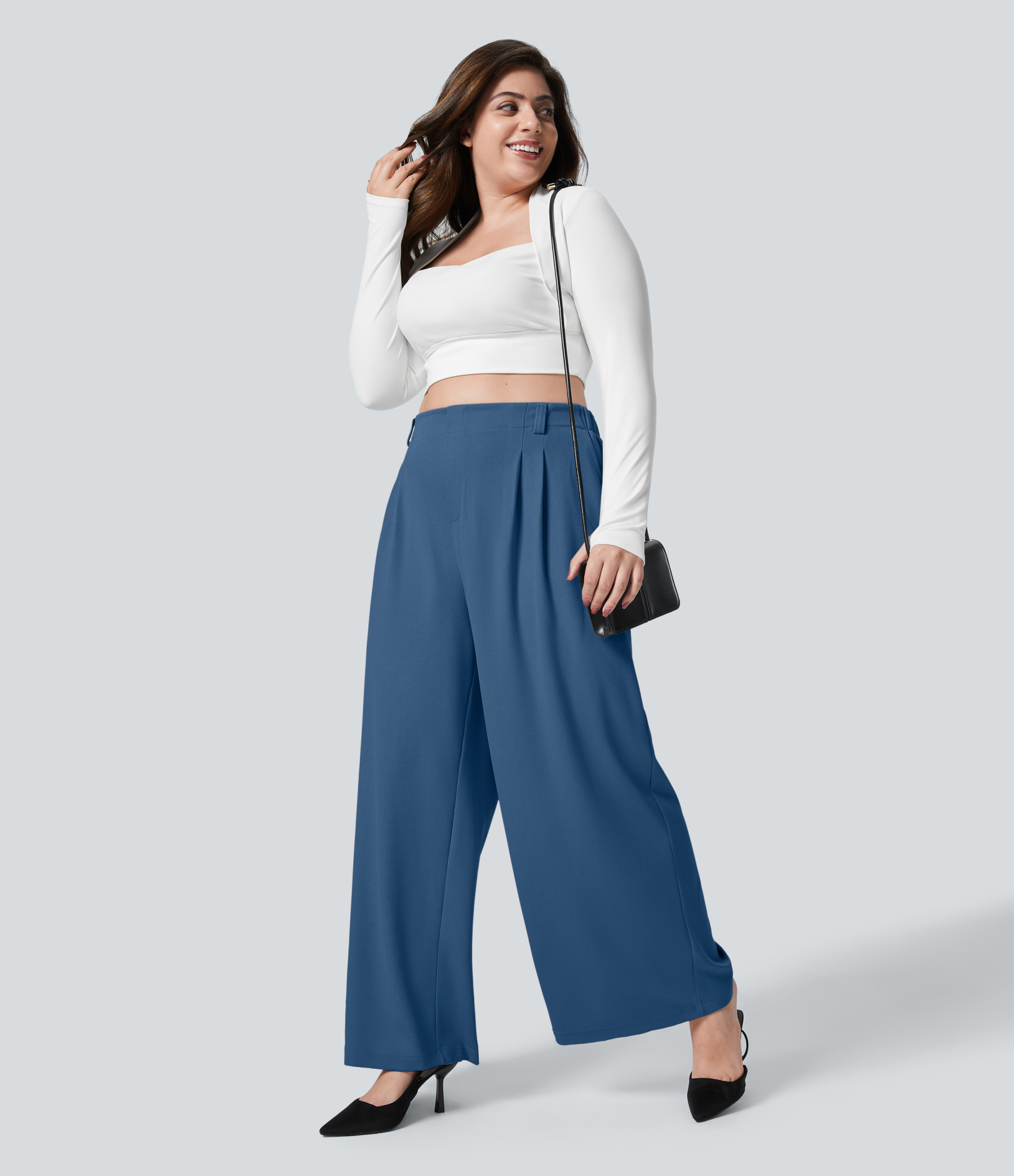 High Waisted Pocket Wide Leg Waffle Work Plus Size Pants