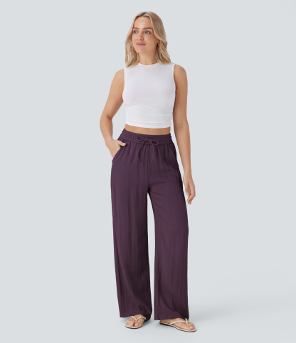 High Waisted Drawstring Pocket Wide Leg Casual Linen-Feel Pants
