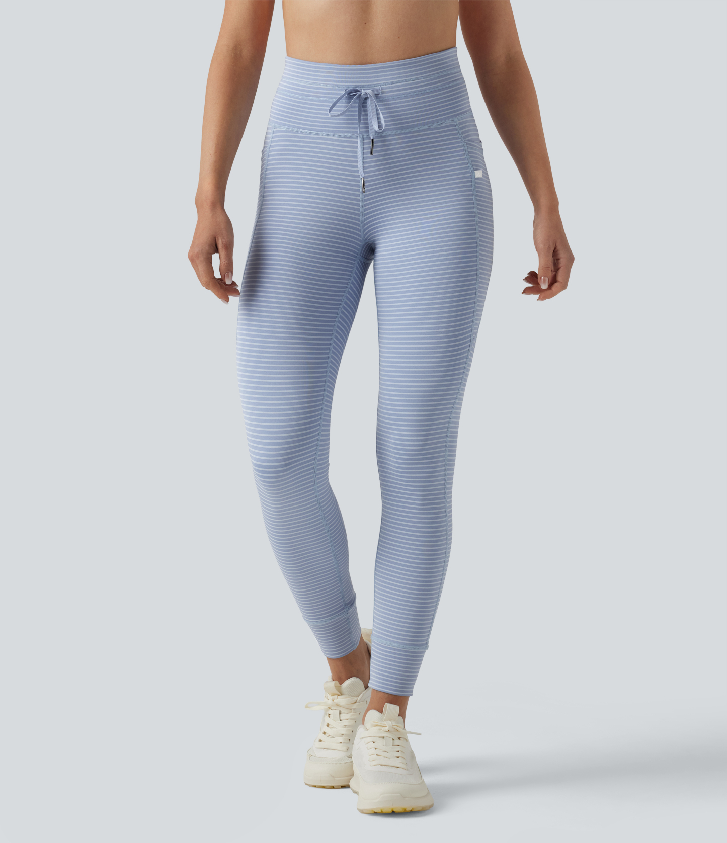 High Waisted Drawstring Striped Yoga Leggings with Pockets