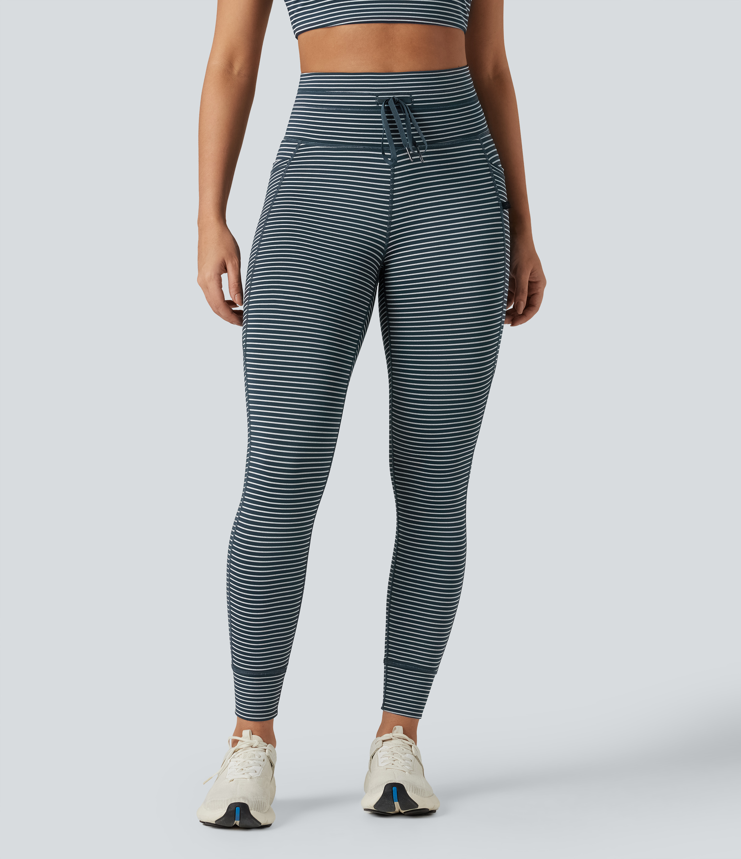 High Waisted Drawstring Striped Yoga Leggings with Pockets