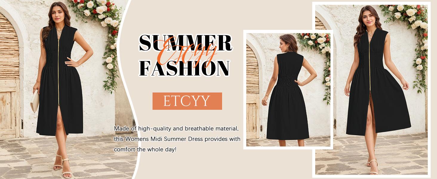 【GUNEST】Women&rsquo;s Summer Smocked Midi Dress&mdash;V-neck, sleeveless/cap sleeve, zipper back, high slit, flowy and elegant for parties, birthdays, or minimalist daily looks. Waist-trainer friendly. Stylish beige essential. Womenswear,#DealsForYouDays