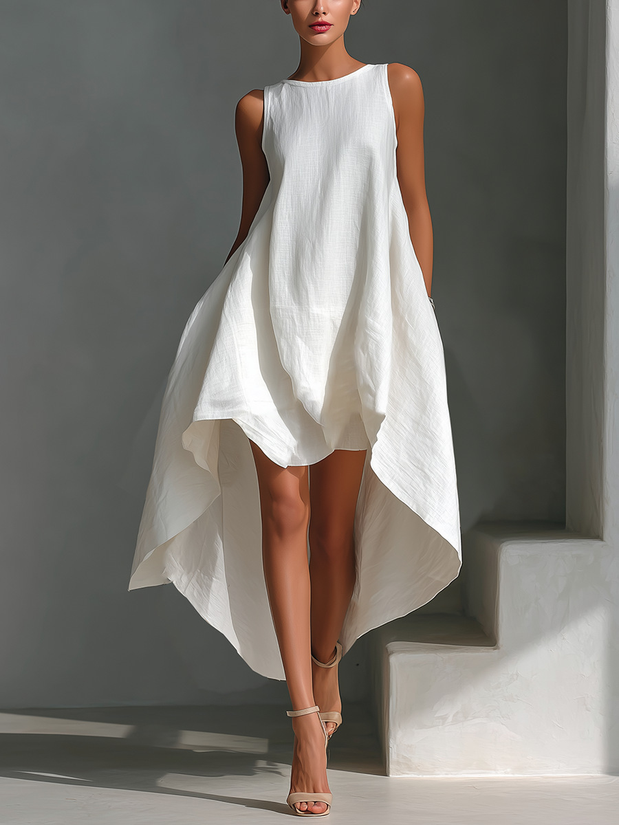 Sleeveless Cotton Linen High-Low Dress