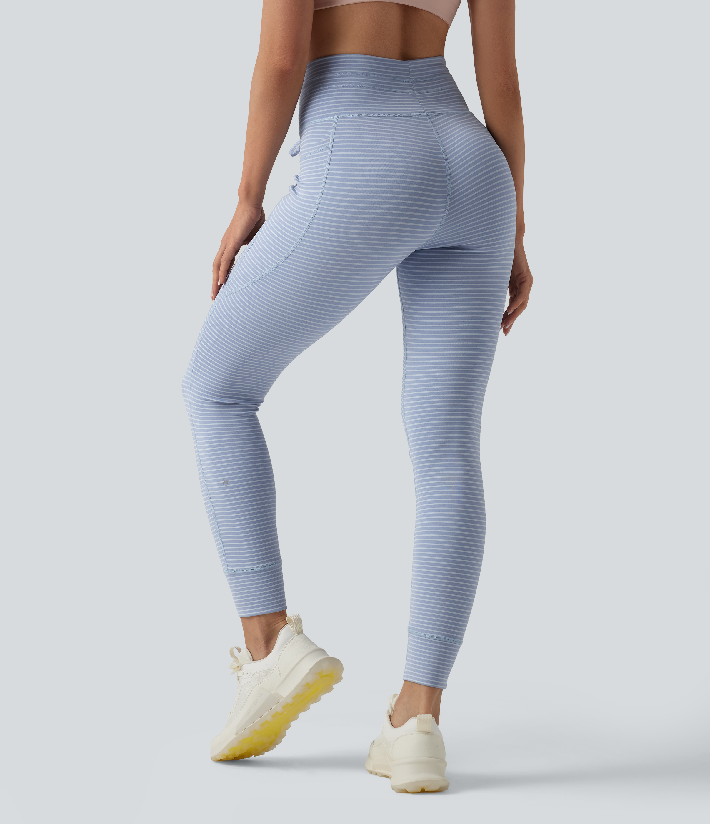 High Waisted Drawstring Striped Yoga Leggings with Pockets