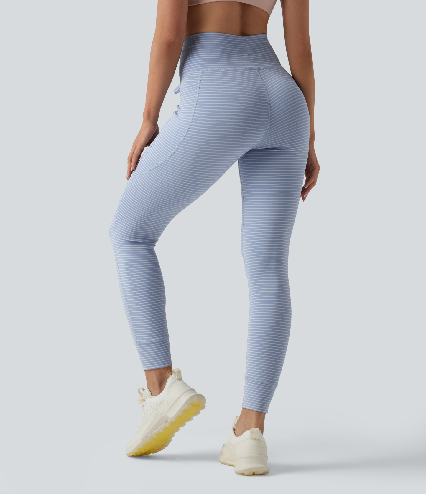 High Waisted Drawstring Striped Yoga Leggings with Pockets