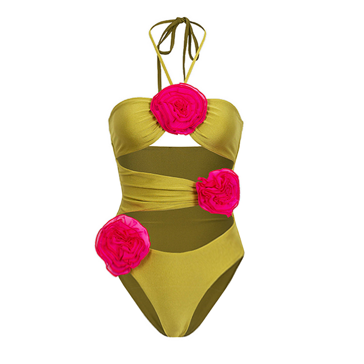 3D Flower Halter Cut Out One Piece Swimsuit and Skirt Flaxmaker