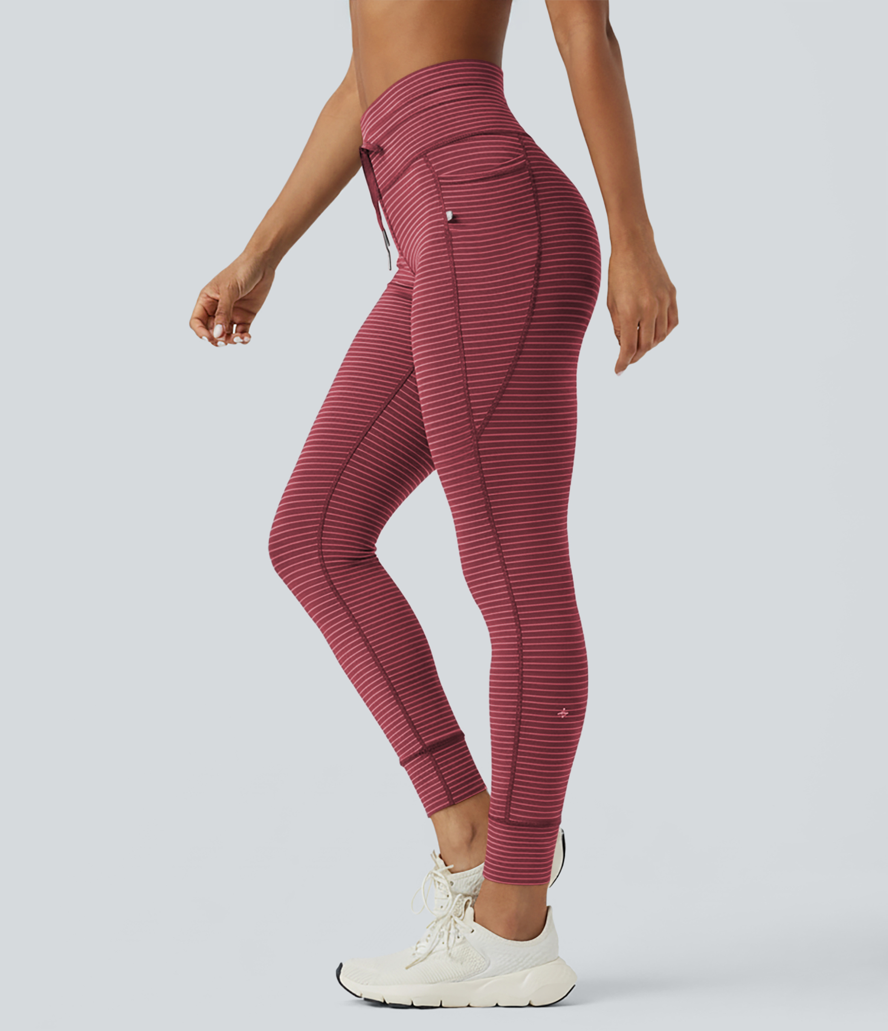 High Waisted Drawstring Striped Yoga Leggings with Pockets