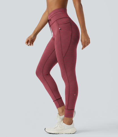 High Waisted Drawstring Striped Yoga Leggings with Pockets