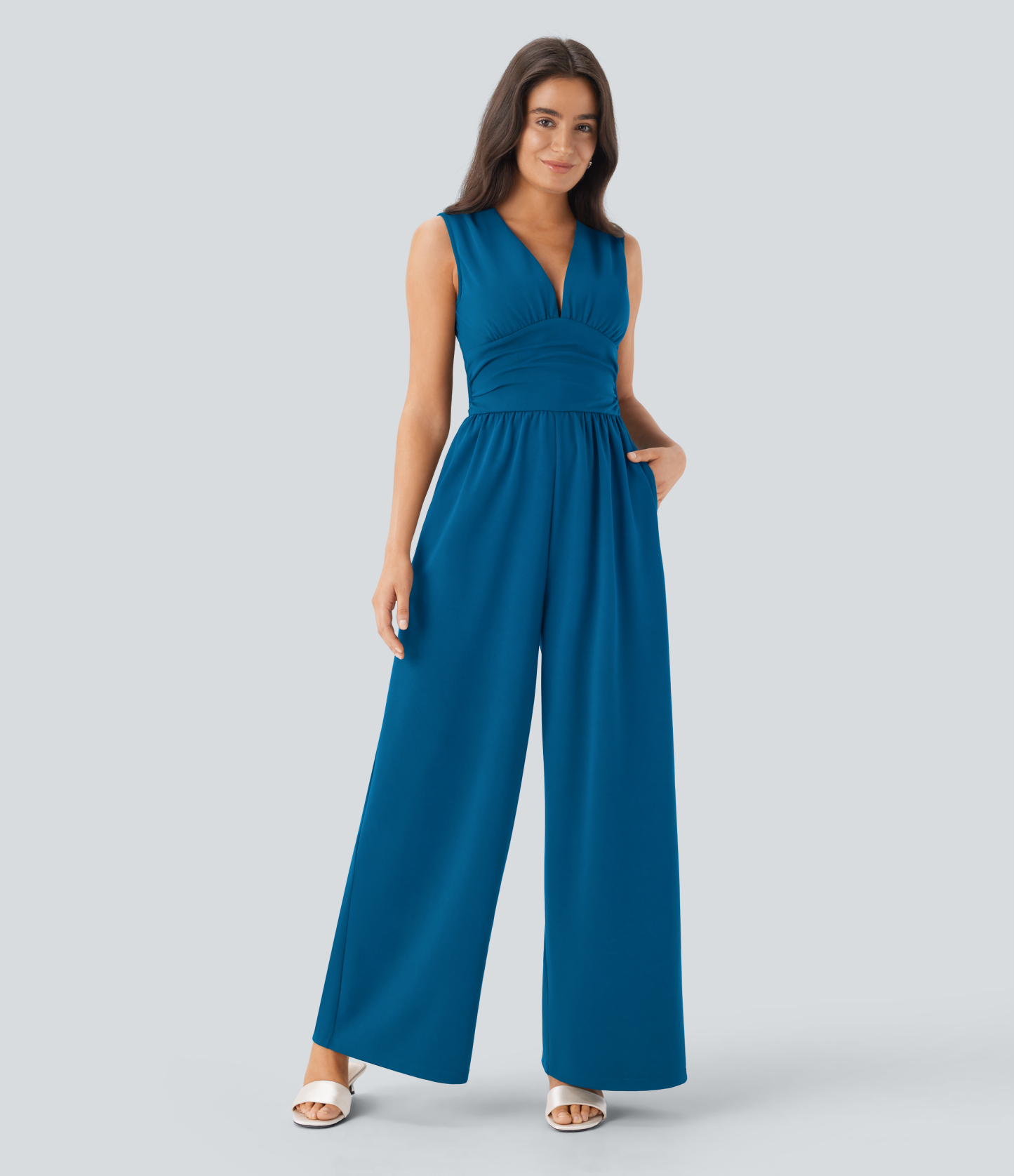 V Neck Sleeveless Ruched Pocket Jumpsuit-Easy Peezy