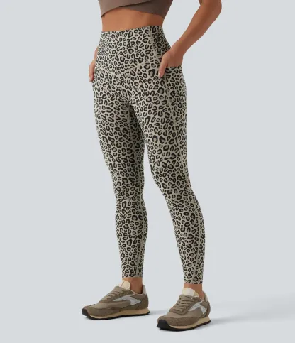 Leopard Print High Waisted Tummy Control Yoga Leggings with Pockets