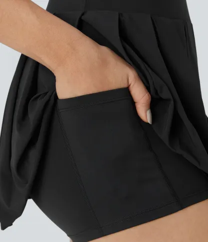 High Waisted Pleated 2-in-1 Side & Pocket Asymmetric Hem Quick Dry Mini Dance Skirt