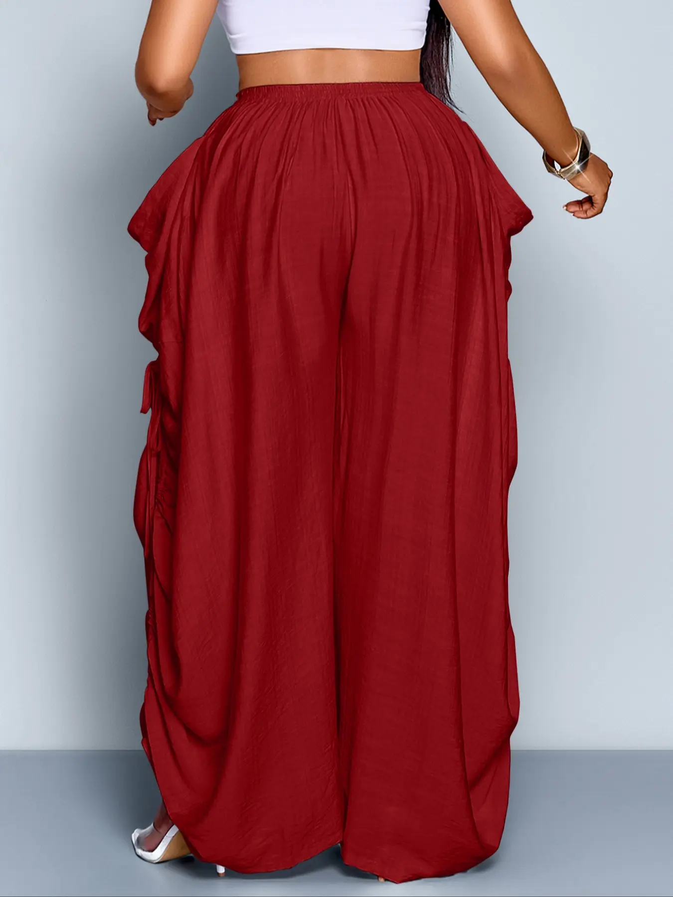 Women's Casual Loose-Fit Wide Leg Drawstring Pants, All-Season Woven Fabric, Long Plain Design, Daily Commute & Vacation Wear