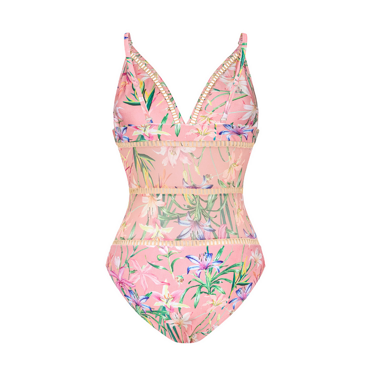 V Neck Floral Print One Piece Swimsuit and Mesh Splicing Skirt Flaxmaker