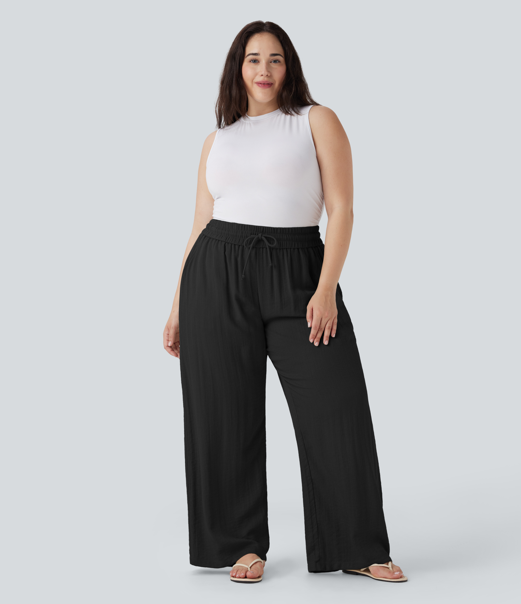 High Waisted Drawstring Linen-Feel Wide Leg Casual Plus Size Pants with Pockets