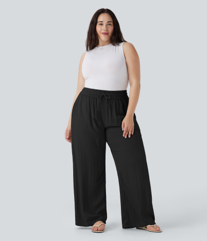 High Waisted Drawstring Linen-Feel Wide Leg Casual Plus Size Pants with Pockets