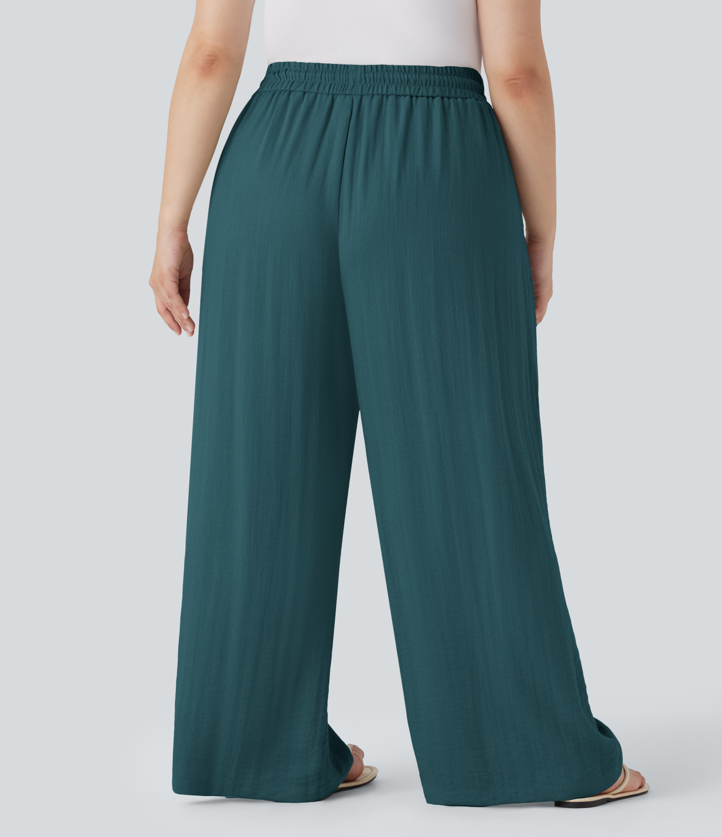 High Waisted Drawstring Linen-Feel Wide Leg Casual Plus Size Pants with Pockets