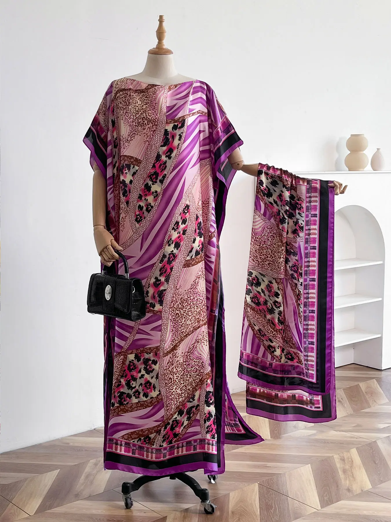 Women's Floral Print Lightweight Long Dress & Scarf Piece Set Outfit, Boho Casual Wear Shawl Dress & Scarf Set for Beach Vacation Holiday, Ladies Clothes for All Seasons