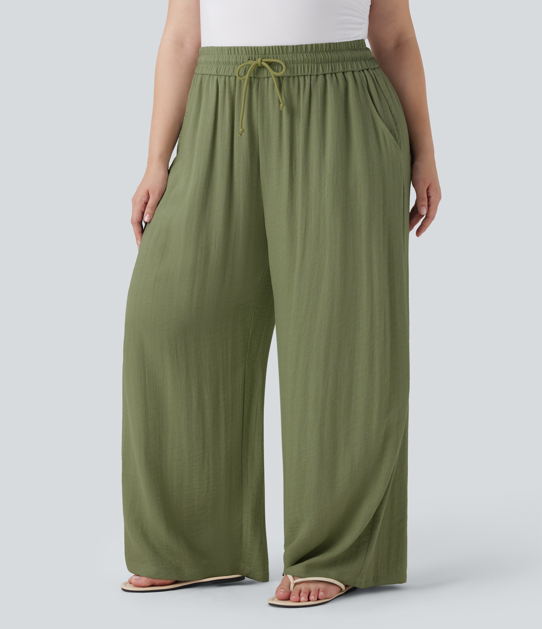 High Waisted Drawstring Linen-Feel Wide Leg Casual Plus Size Pants with Pockets