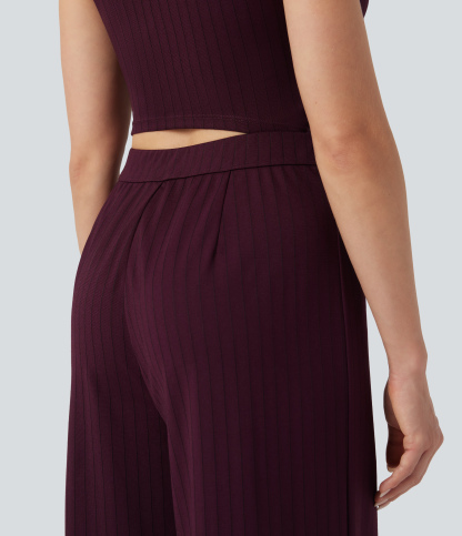 V Neck Sleeveless Cut Out Pockets Wide Leg Stripe Cool Touch Work Jumpsuit