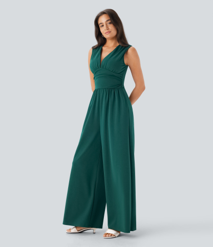 V Neck Sleeveless Ruched Pocket Jumpsuit-Easy Peezy