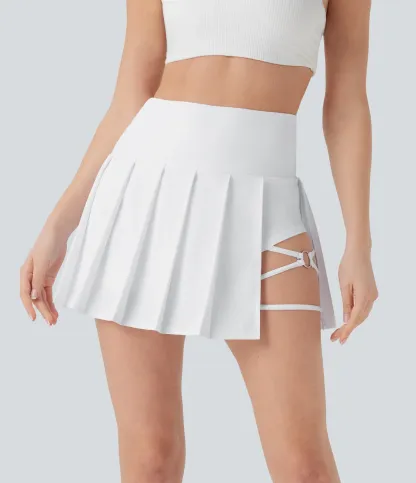 High Waisted Pleated 2-in-1 Side & Pocket Asymmetric Hem Quick Dry Mini Dance Skirt