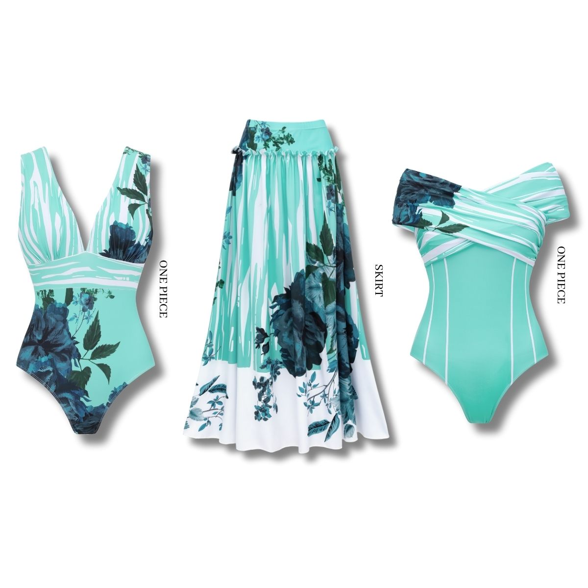 Off Shoulder Blossom Print One Piece Swimsuit and Skirt