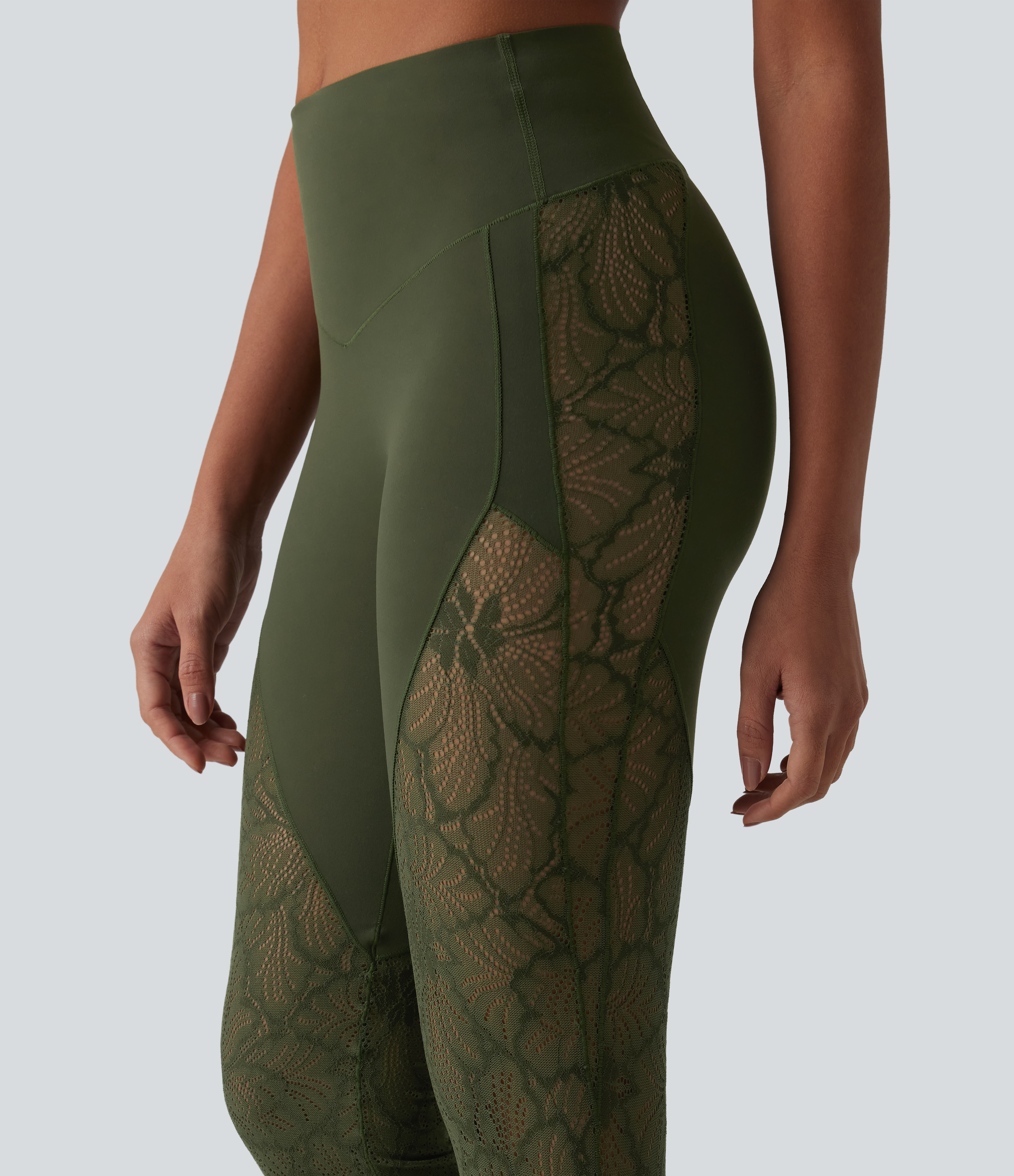 High Waisted Tummy Control Contrast Lace Yoga Flare Leggings with Pocket