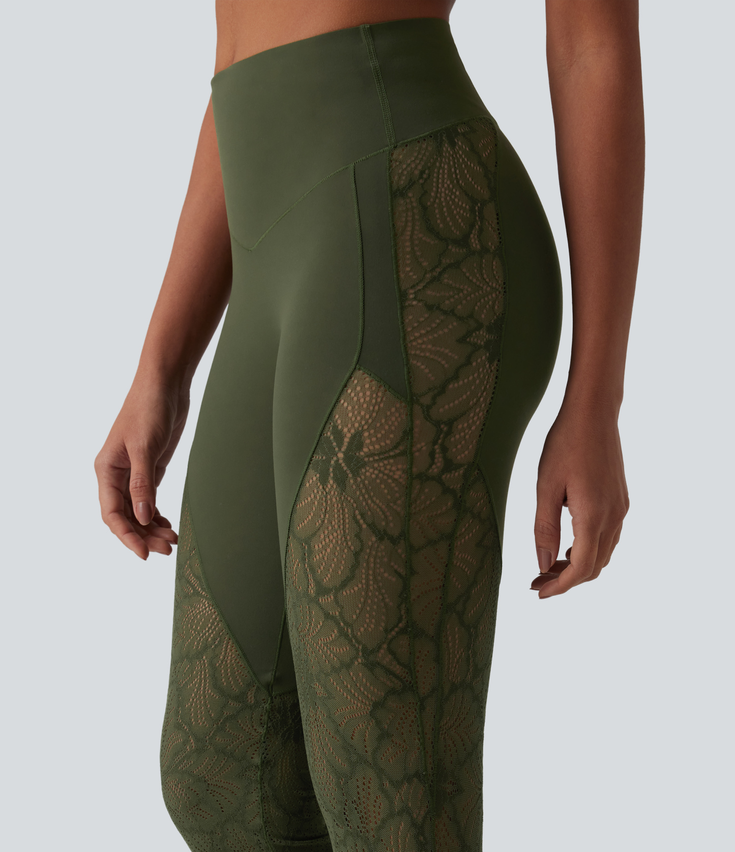 High Waisted Tummy Control Contrast Lace Yoga Flare Leggings with Pocket