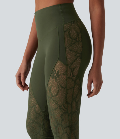 High Waisted Tummy Control Contrast Lace Yoga Flare Leggings with Pocket