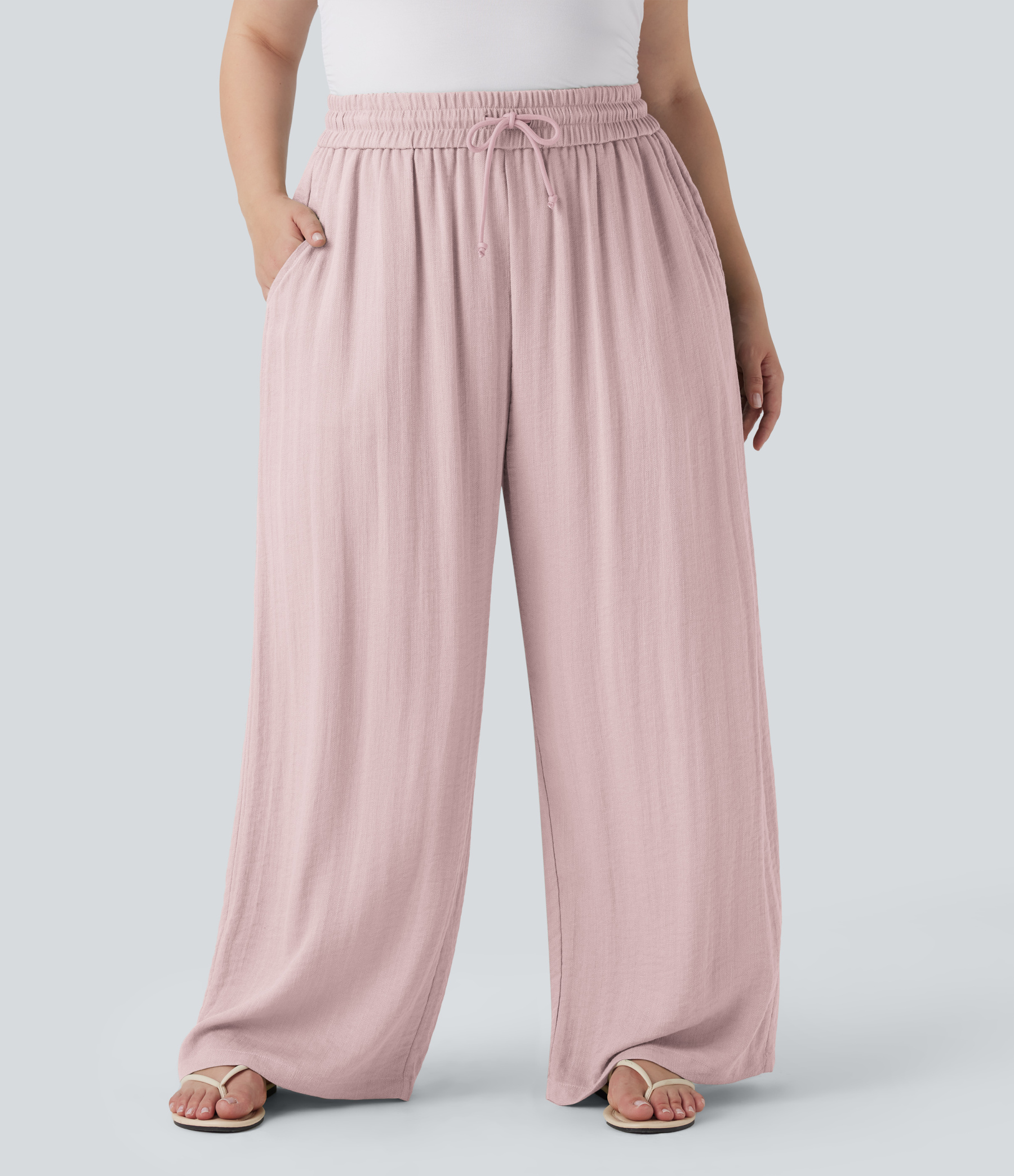 High Waisted Drawstring Linen-Feel Wide Leg Casual Plus Size Pants with Pockets