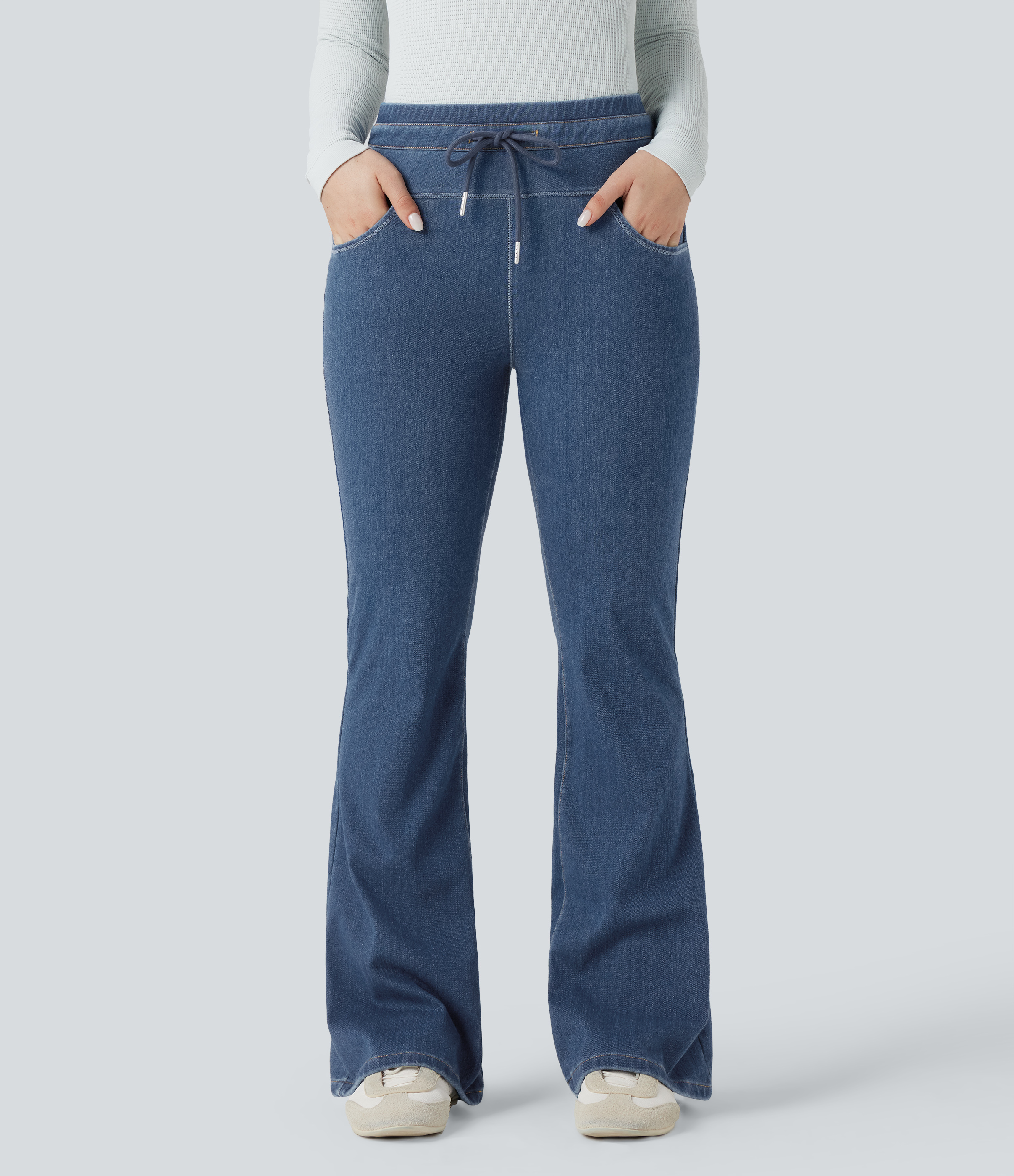Denim Heat High Waisted Drawstring Casual Flare Leggings with Pockets