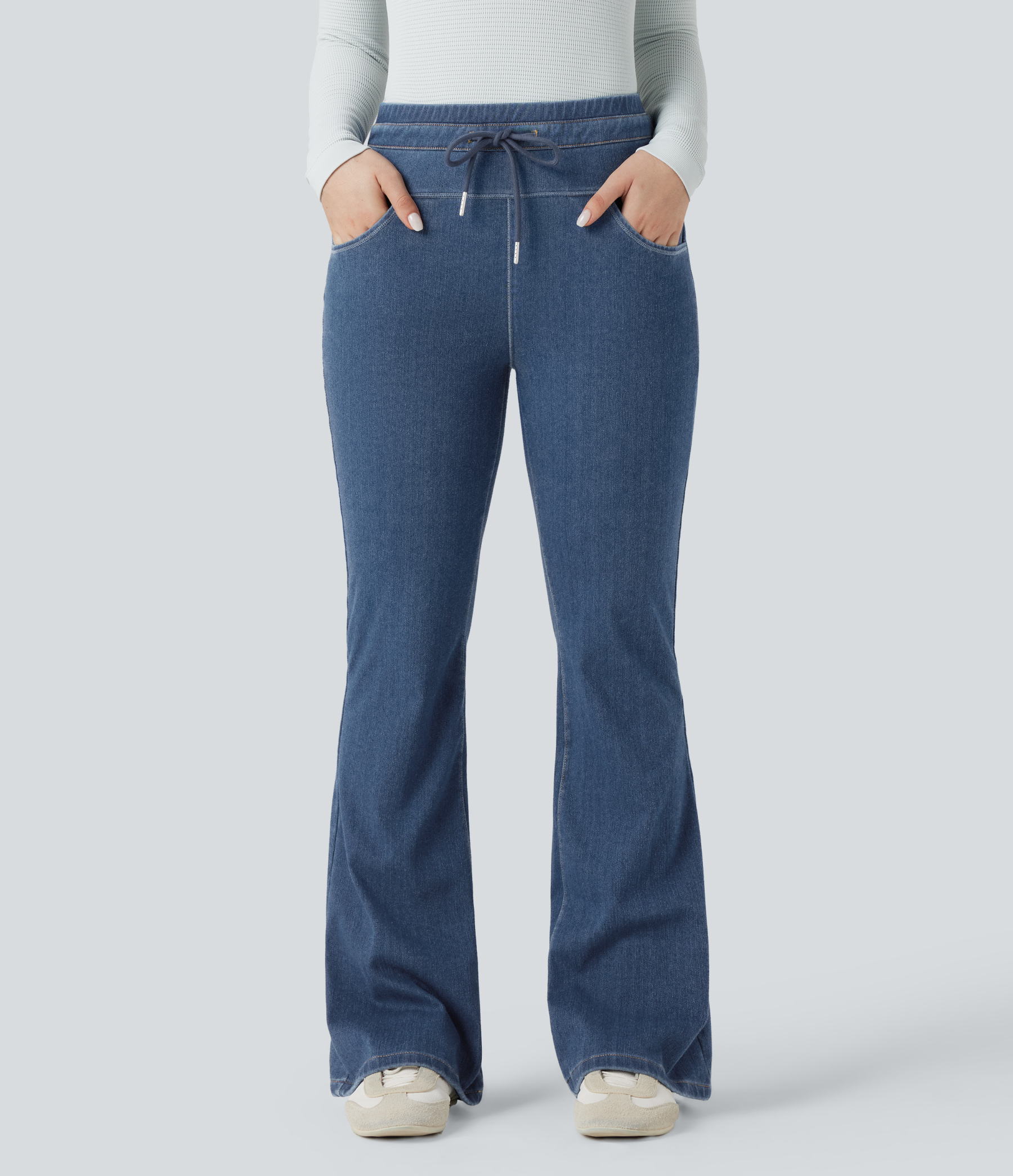 Denim Heat High Waisted Drawstring Casual Flare Leggings with Pockets
