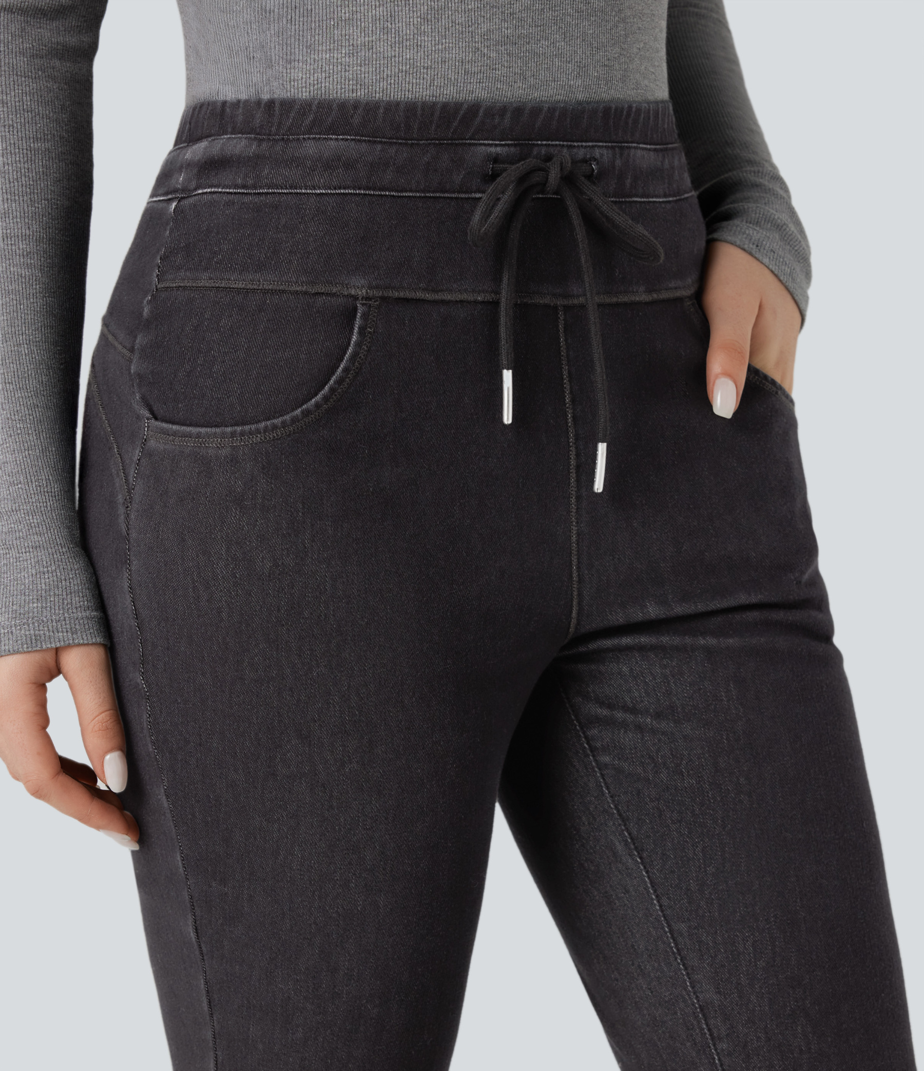 Denim Heat High Waisted Drawstring Casual Flare Leggings with Pockets