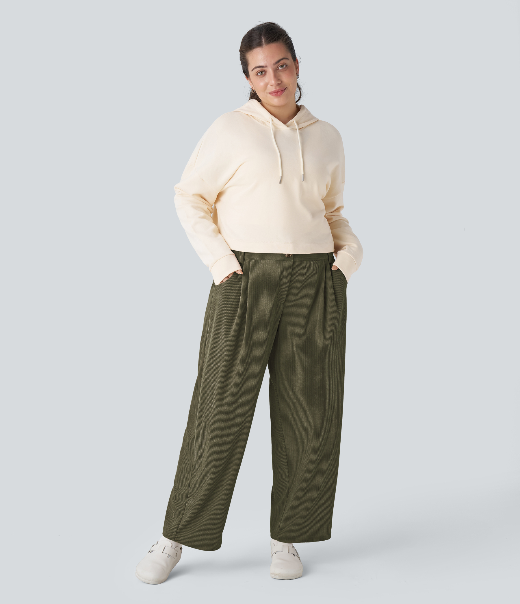 Mid Rise Zipper Pocket Plus Size Corduroy Casual Pants