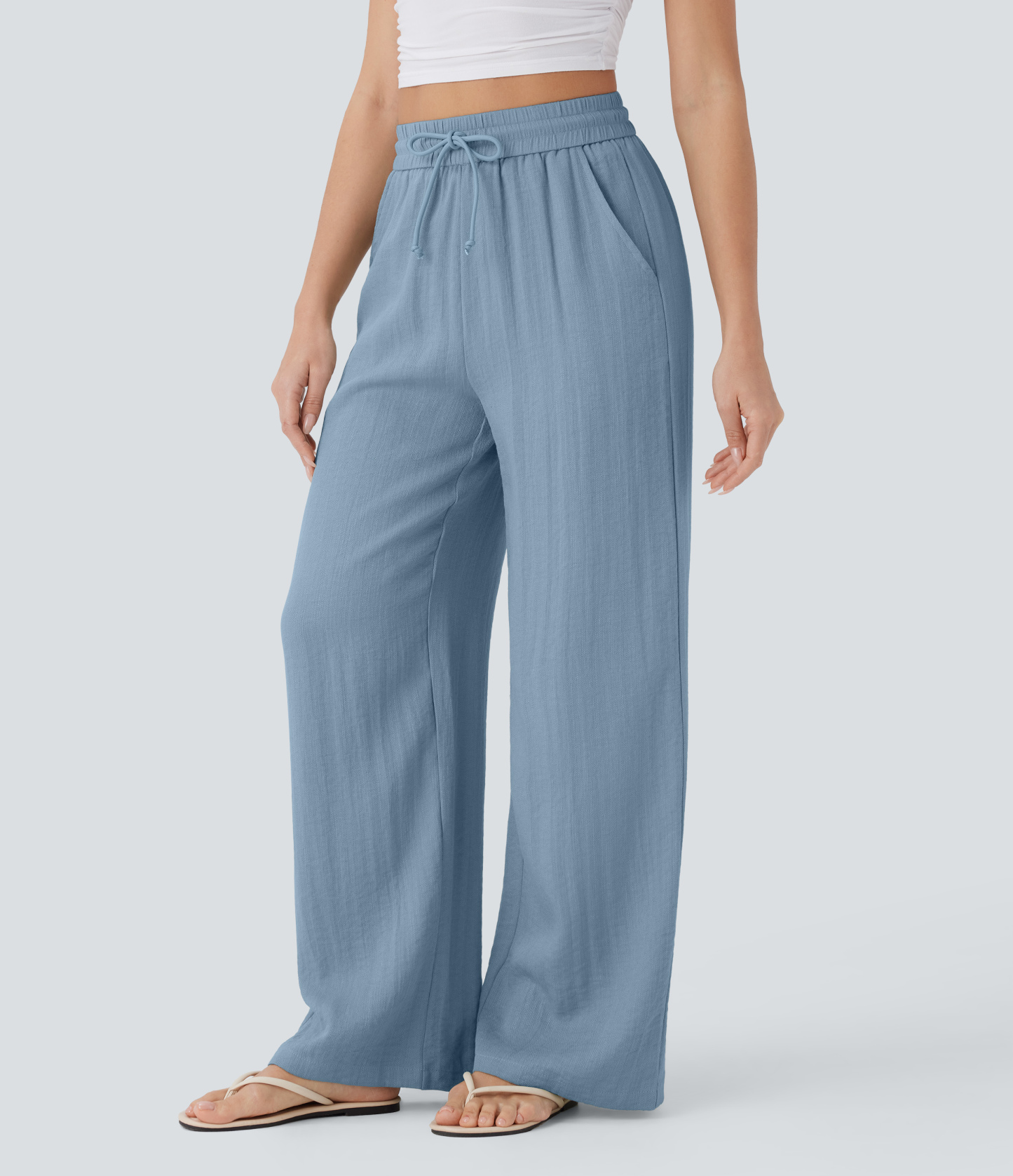 High Waisted Drawstring Pocket Wide Leg Casual Linen-Feel Pants