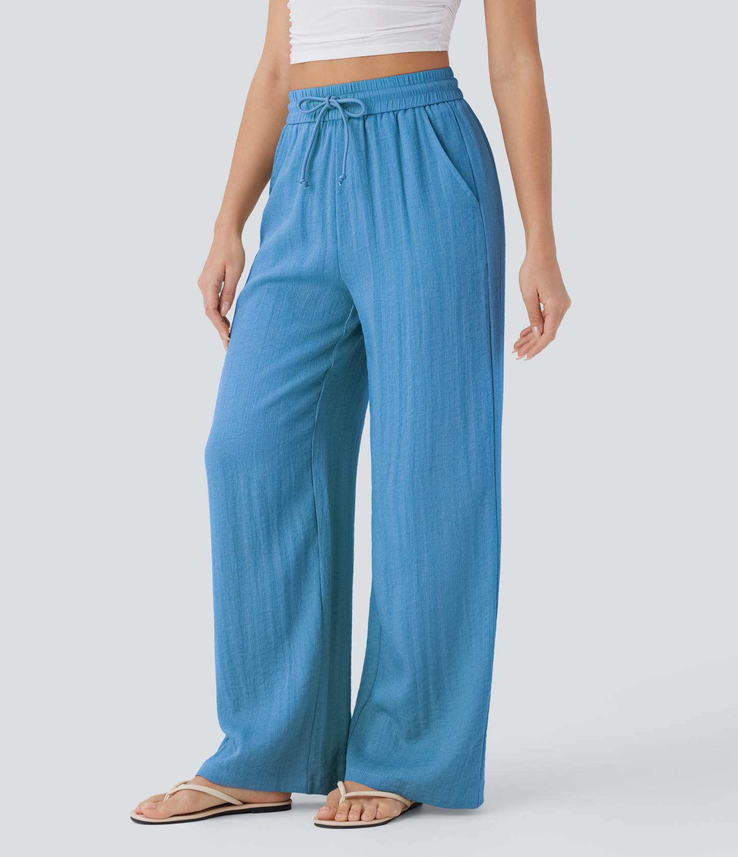 High Waisted Drawstring Pocket Wide Leg Casual Linen-Feel Pants