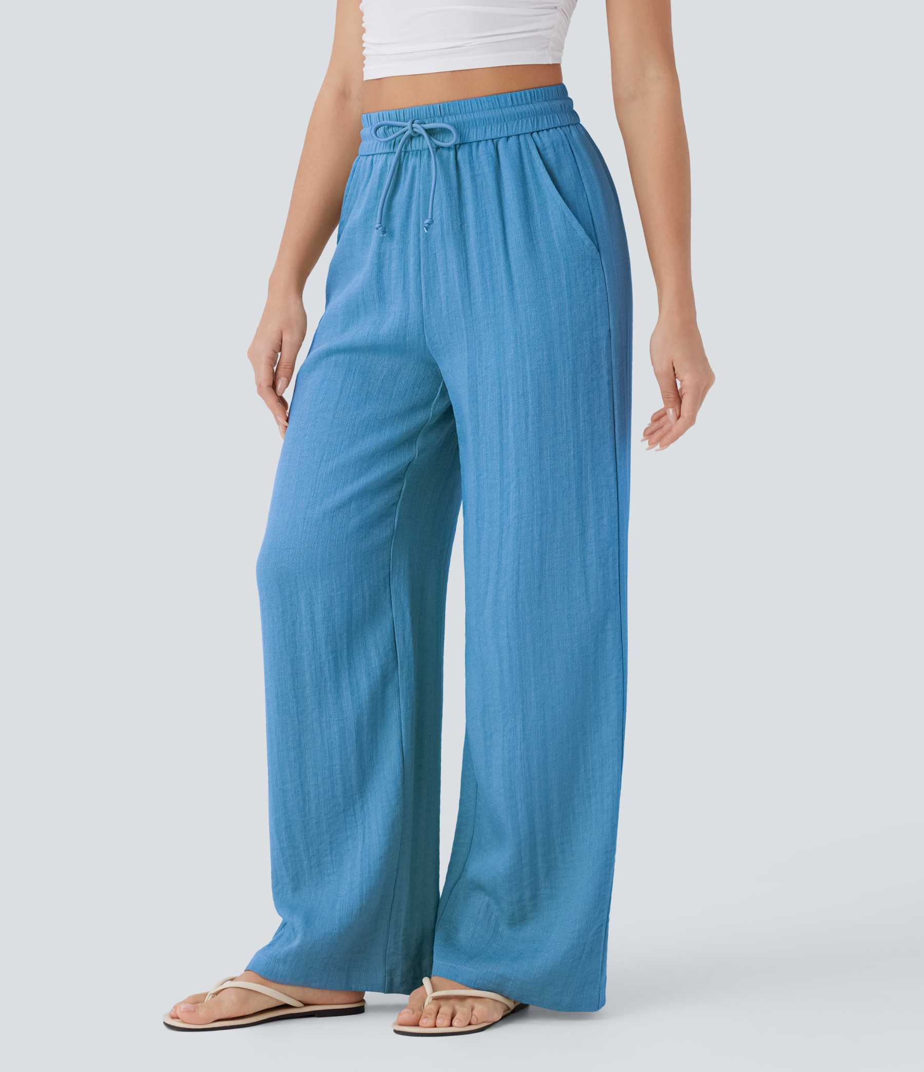 High Waisted Drawstring Pocket Wide Leg Casual Linen-Feel Pants