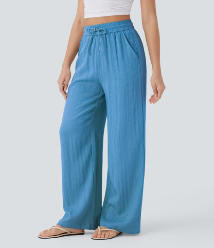 High Waisted Drawstring Pocket Wide Leg Casual Linen-Feel Pants