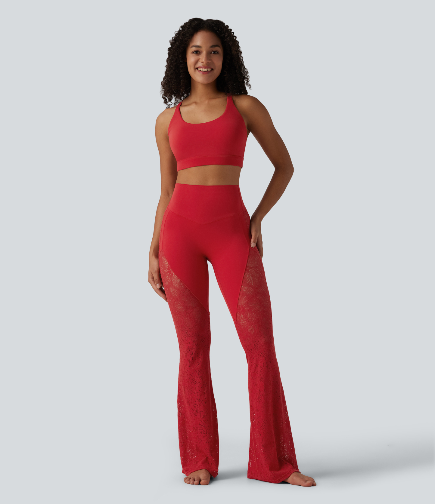 High Waisted Tummy Control Contrast Lace Yoga Flare Leggings with Pocket