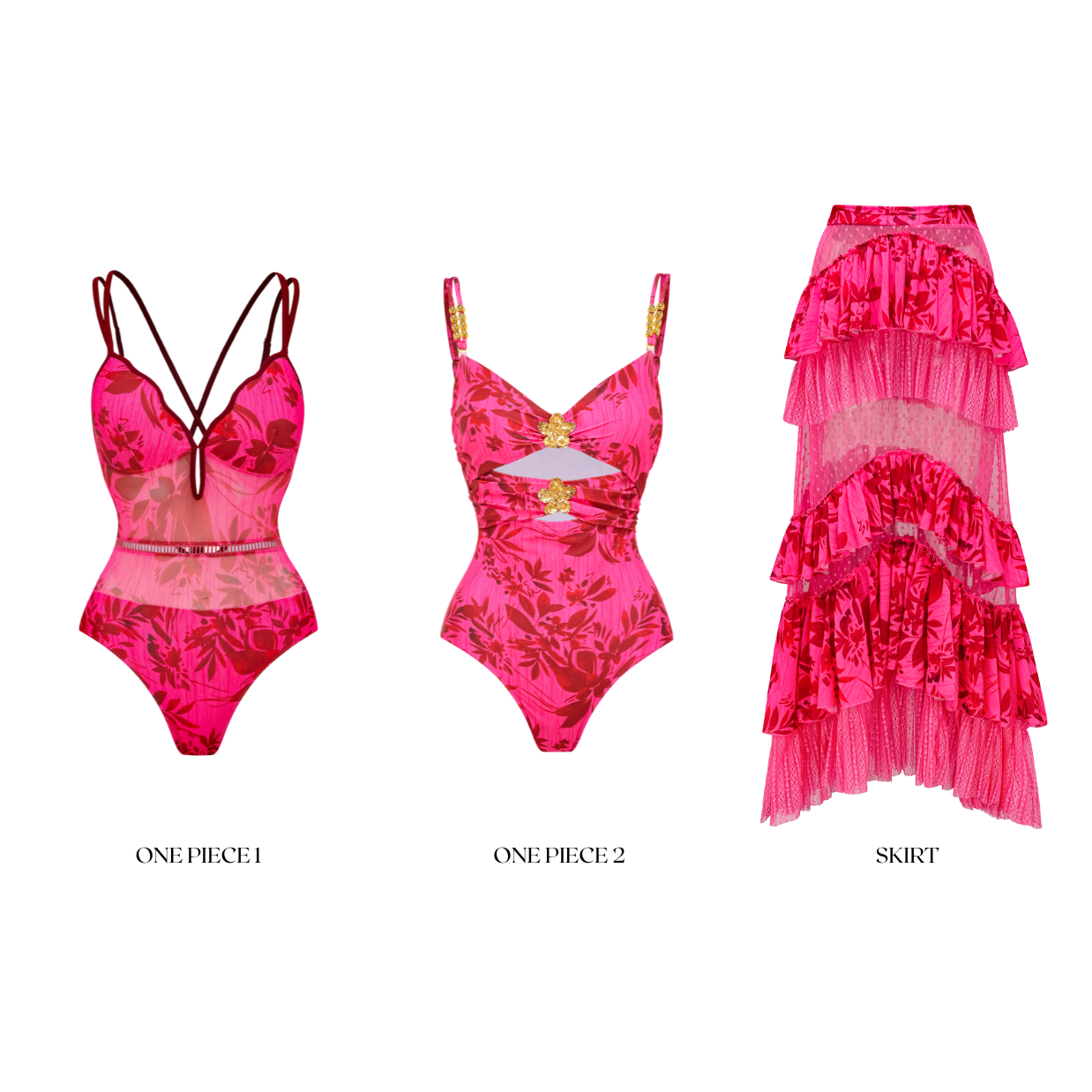 Rose Red Flower Print Cutout One Piece Swimsuit and Tiered Skirt
