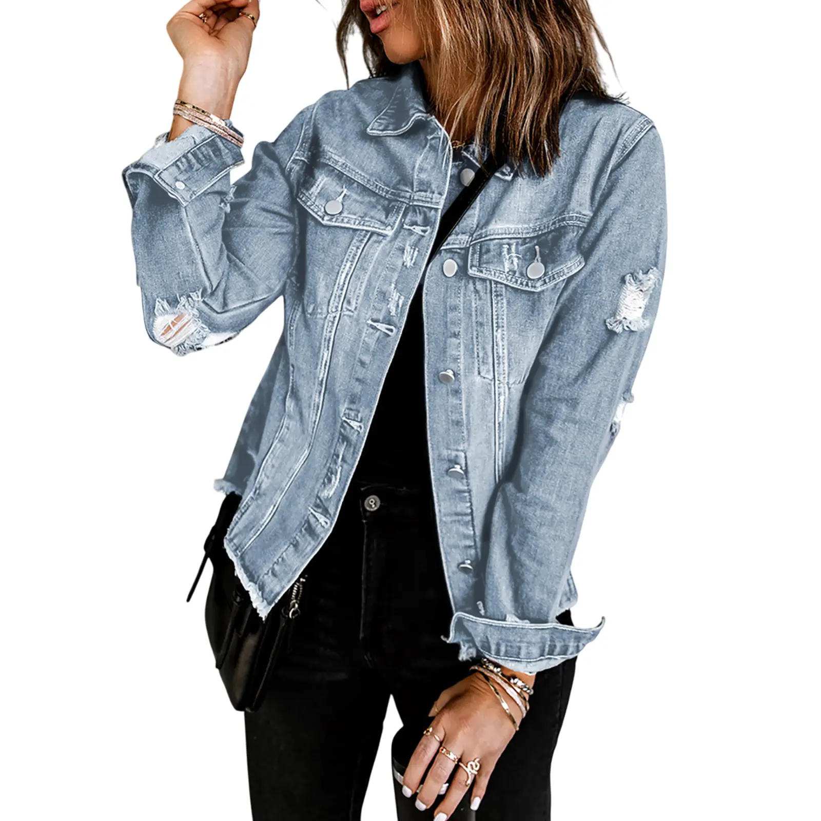 Women's Casual Short Jean Jackets Non Stretch Distressed Ripped  Lapel Long Sleeve Denim Jacket Outwear Tops