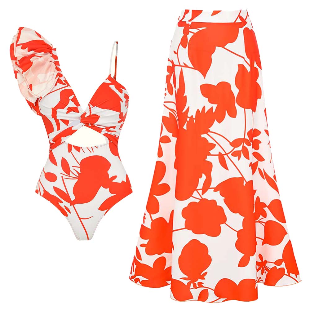 Plus Size One Shoulder Ruffle Printed One Piece Swimsuit and Skirt