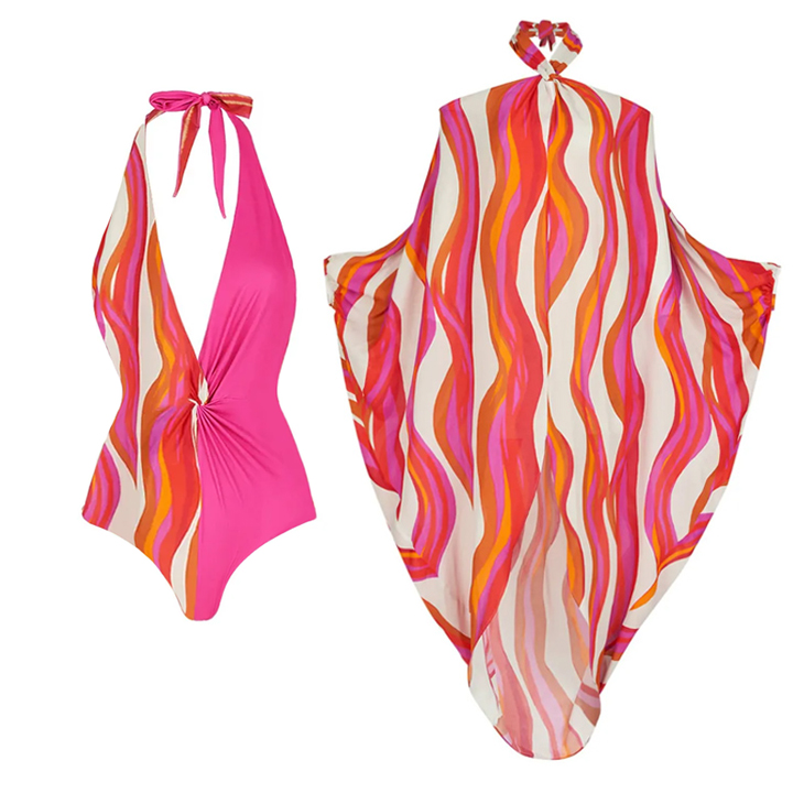 Halter Printed Color Block One Piece Swimsuit and Cover Up