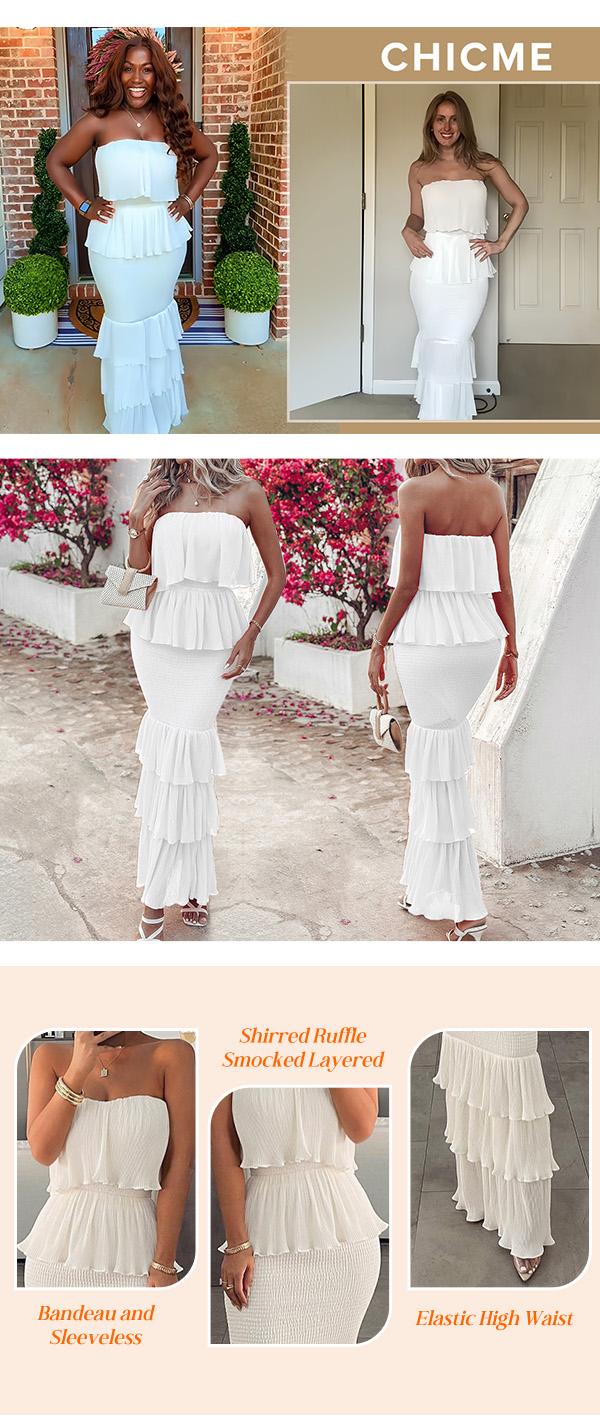 CHICME Women's Bandeau Shirred Ruffle Hem Wedding Guest Layered Sleeveless Dress/sundress Womenswear