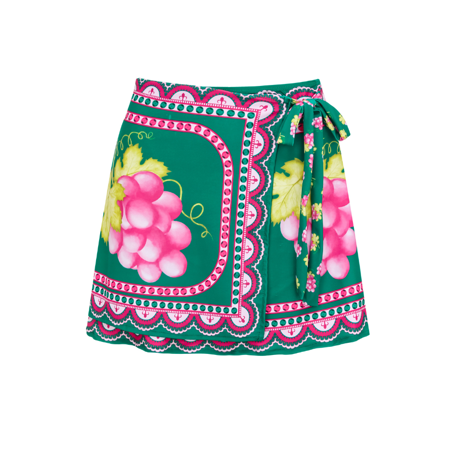 Ruffled Deep V Retro Green Grapes Print One Piece Swimsuit and Skirt
