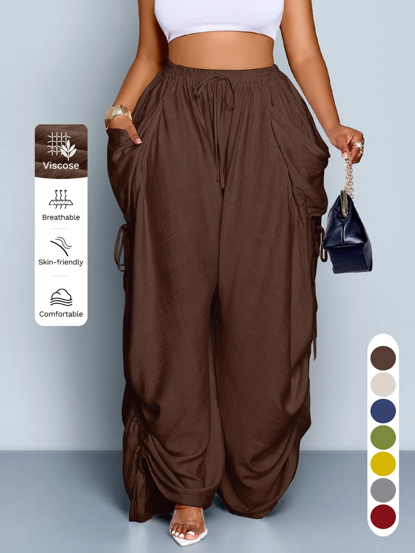 Women's Casual Loose-Fit Wide Leg Drawstring Pants, All-Season Woven Fabric, Long Plain Design, Daily Commute & Vacation Wear